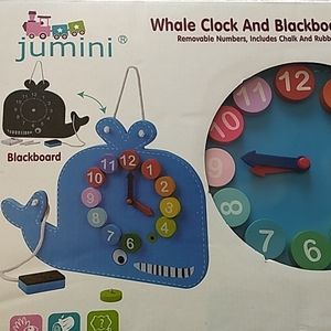 NIB jumini WhaleClock+Blackboard wood learning Toy